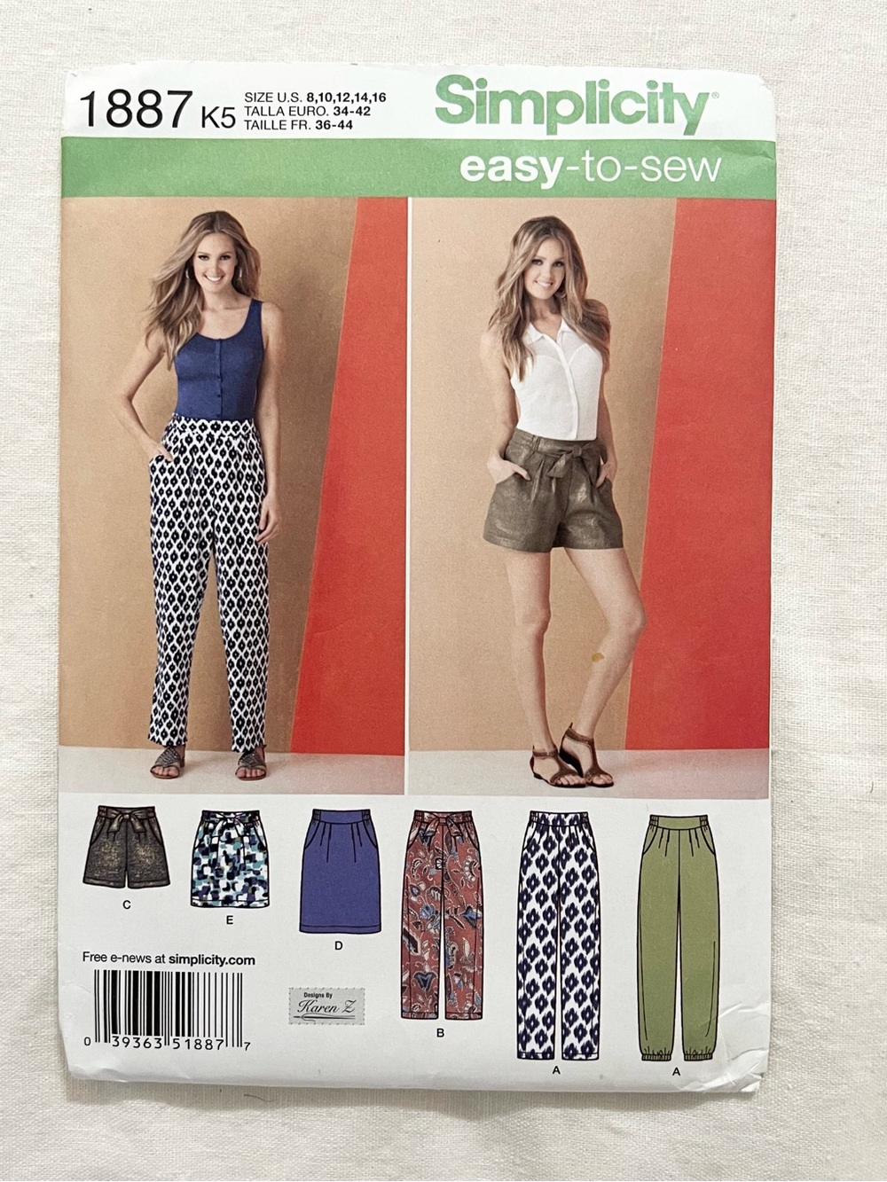 Simplicity 1887 Easy Pants Shorts Skirt Sewing Pattern Size 8-16 Uncut